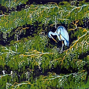 Blue Heron in Evergreen Reduction Art Print