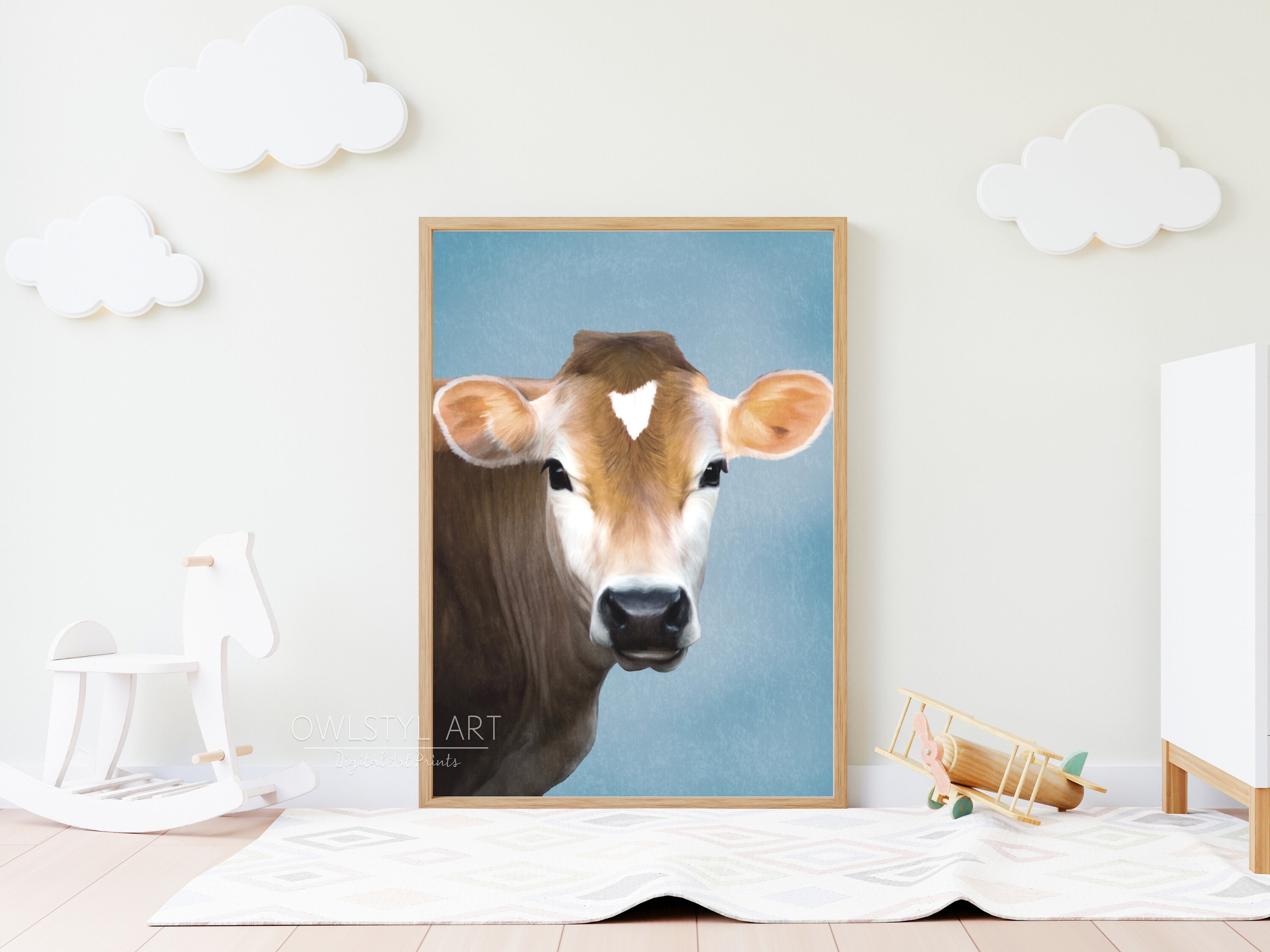 Light Brown Cow Painting Digital Wall Art Cow Face Art Cow Art Nursery Decor Cow Decor Cow ...