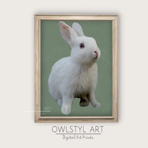 Cute White Bunny with Soft Green Background Painting Nursery Decor Easter Wall Art Digital Download