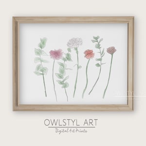 Boho Flower Watercolor, Purple, Pink, Sage Green Pastels, Flowers Printable Wall Art, Instant Download, Botanical Home Decor