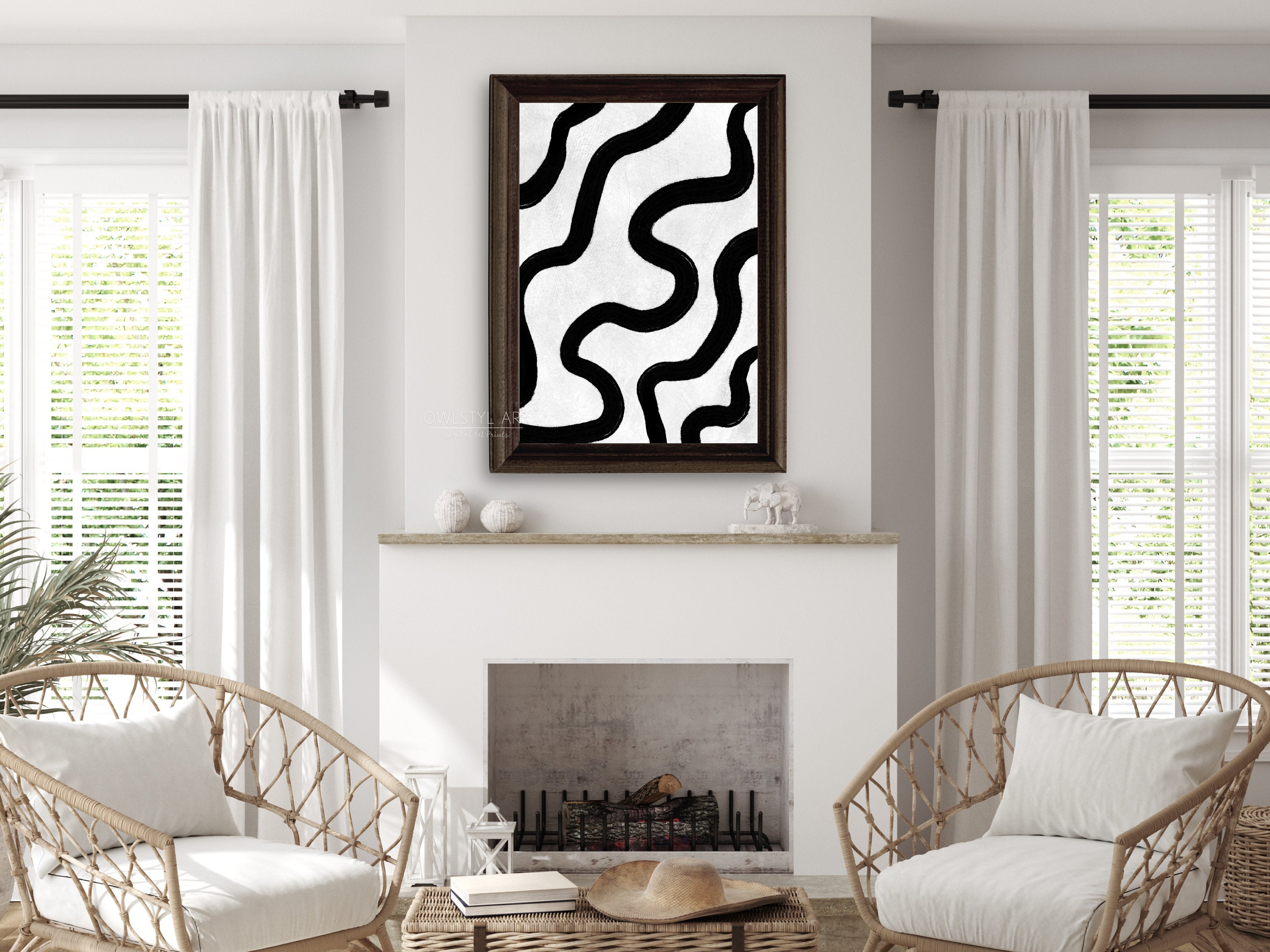 Modern Minimalist Abstract Art Print Black and White Digital Painting ...