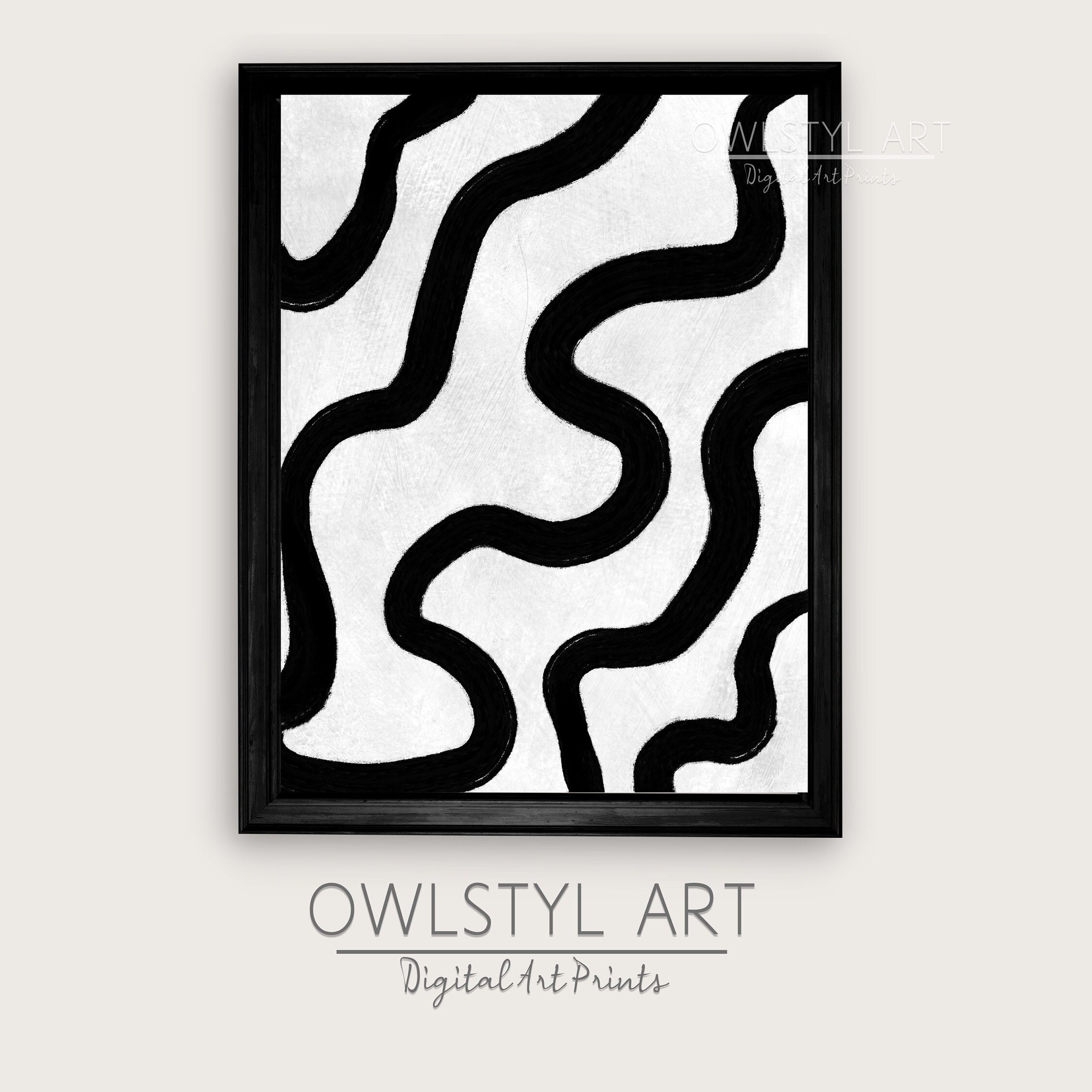 Modern Minimalist Abstract Art Print Black and White Digital Painting ...