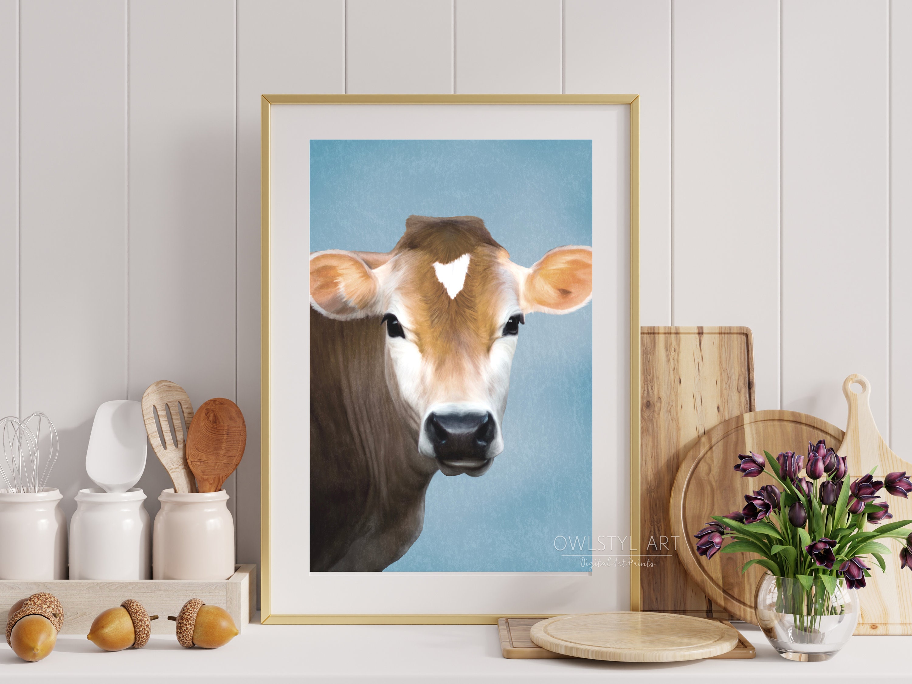 Light Brown Cow Painting Digital Wall Art Cow Face Art Cow Art Nursery Decor Cow Decor Cow ...