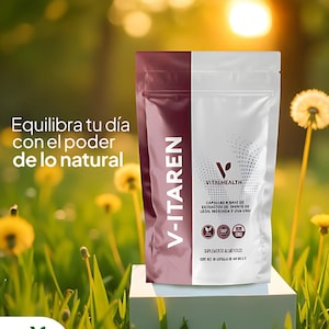 May include: A product package with the text "V-ITAREN" and "VITALHEALTH" is displayed on a white platform. The package is divided into two colors, a dark red and white. The background is a blurred image of a green field with yellow flowers and sunlight.