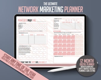 Könnte beinhalten: Ein digitaler Planer für Netzwerkmarketing mit einem rosa-weißen Farbschema. Der Planer enthält Abschnitte für die Verfolgung von Verkäufen, Sponsoren, Gesprächen, Veranstaltungen und täglichen Aufgaben. Der Text "THE ULTIMATE NETWORK MARKETING PLANNER" befindet sich oben auf der Seite. Der Text "START ANY TIME OF THE YEAR" befindet sich unten auf der Seite.