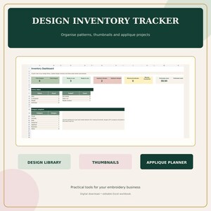 以下が含まれることがあります： Design Inventory Trackerのデジタルスプレッドシートインターフェース。在庫ダッシュボード、データテーブル、ステータスカウント、カテゴリのスナップショットが表示されています。下部にはDesign Library、Thumbnails、Applique Plannerとラベル付けされた3つのボタンがあります。