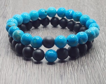 2 Piece Couples Bracelet, Turquoise Bracelet, Black Agate, Healing Bracelet, Gifts 30 and Under, Gifts for Him, Gifts for Her