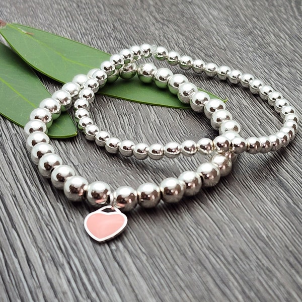 Pink Heart Silver Charm/Pendent with Hematite Stone bracelet for Her/ Mother's Day/ Birthday Gift for Her / Valentine's Day Gift for Her