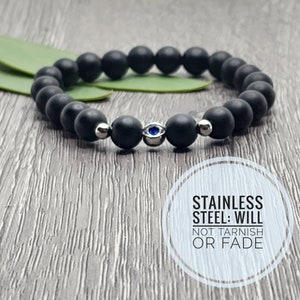 Matte Black Agate/Sodalite Evil Eye Schutz Armband, Geschenke unter 30 und darunter, schwarze Steine, Blau Nazar Bettelarmband, Schmuck für Frauen