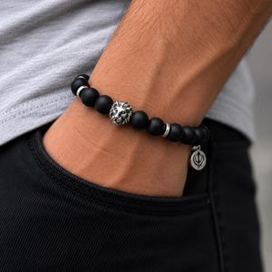 10 mm Matte Black Agate Lion/Khanda Men's Bracelet Gifts for Him