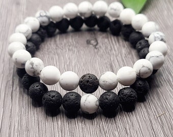 2 Piece Couples Bracelet, Black Lava Bracelet, Howlite Bracelet, White, Healing Bracelet, Gifts 30 and Under, Gifts for Him, Gifts for Her