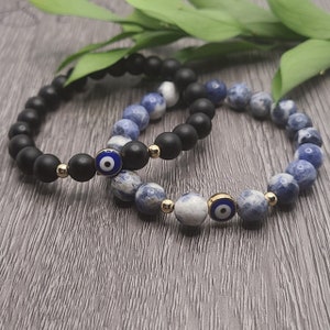 Matte Black Agate/Sodalite Evil Eye Schutz Armband, Geschenke unter 30 und darunter, schwarze Steine, Blau Nazar Bettelarmband, Schmuck für Frauen