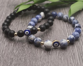 Matte Black Agate/Sodalite Evil Eye Protection Bracelet, Gifts 30 and Under, Black Stones, Blue Nazar Charm Bracelet, Jewelry for Women