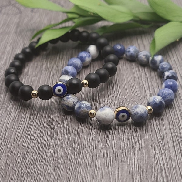 Matte Black Agate/Sodalite Evil Eye Protection Bracelet, Gifts 30 and Under, Black Stones, Blue Nazar Charm Bracelet, Jewelry for Women