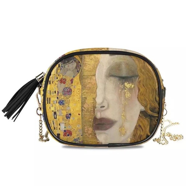 Sacs à bandoulière pour femmes. Sac Crossbody. Sangle de chaîne réglable. Freya’s Tears et The Kiss Gustav Klimt Peinture à l’huile. Cuir PU noir