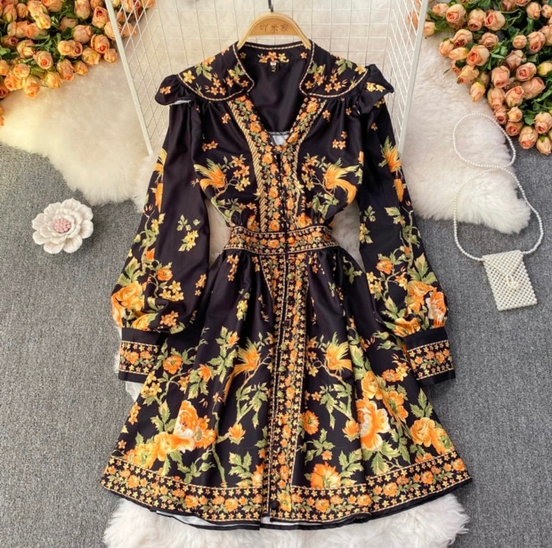 Formal Long Sleeve Dress-floral Print Dress-women Mini - Etsy