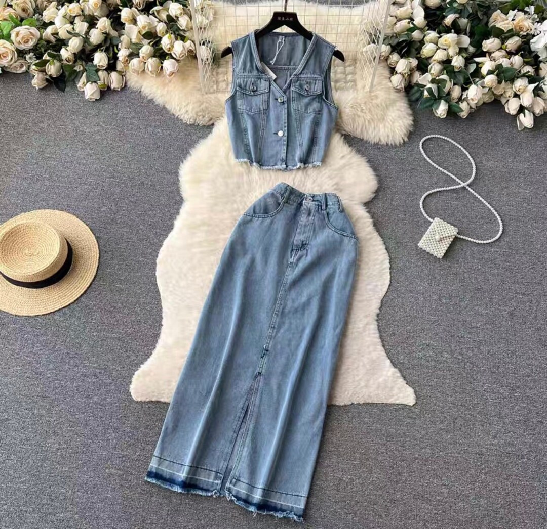 Vintage Denim Skirt Settwo Piece Jean Skirt Setwomen Jean Etsy