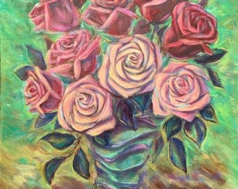 Pink Roses Oil Painting: Floral Still Life Artwork (18x24)