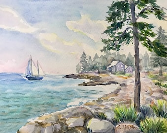 Sailboat Watercolor Painting Original, 9”x12" Ocean art Coastal Landscape Boat wall art Nautical painting Seaside art boat wall decor