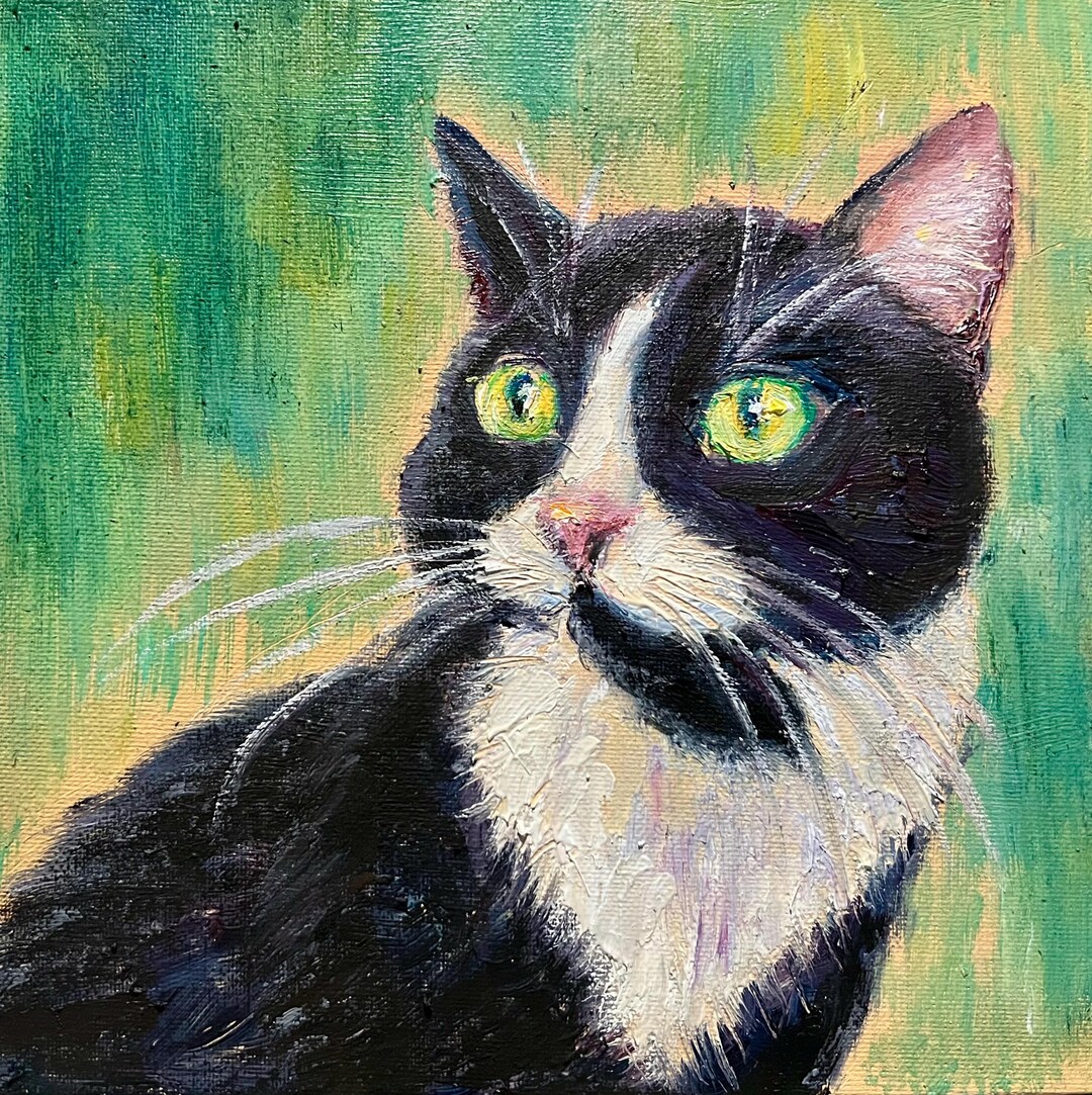 Tuxedo Cat Oil Painting, Original 8x8 Black and White Cat Art Animal ...