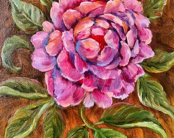 May include: A single pink peony flower with green leaves painted on a brown canvas.