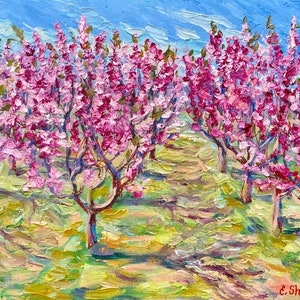 Peach Blossom art Original Oil painting 9x12 Floral wall art Blooming Fruit Garden Flower painting Spring wall Decor Colorful decor