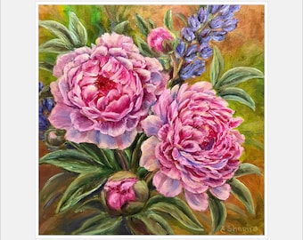 Peony Flower Oil Painting 12X12 Floral Wall Art Purple Flower art Pink Flower painting Floral Wall Decor Summer Blossom Bouquet art