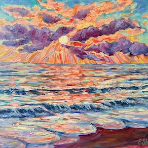 Sunset Original Oil Painting Florida Beach Landscape 11x14 Coastal Art Tropical Beach painting Seascape Wall Art seashore art