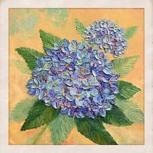Pintura de flores azules, arte original, pintura al óleo con espátula, arte de pared de hortensias azules, decoración de pared floral de 8 x 8, pintura texturizada de naturaleza muerta