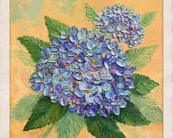 Blue Flower painting, Original art, Palette knife oil painting, Blue Hydrangea Wall Art, 8x8 Floral Wall Decor Still Life  textured painting