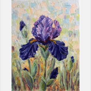 Original Oil Painting Dark Blue Iris Flower Painting Garden Iris Wall art 9x12 Floral Wall Art floral Wall Decor