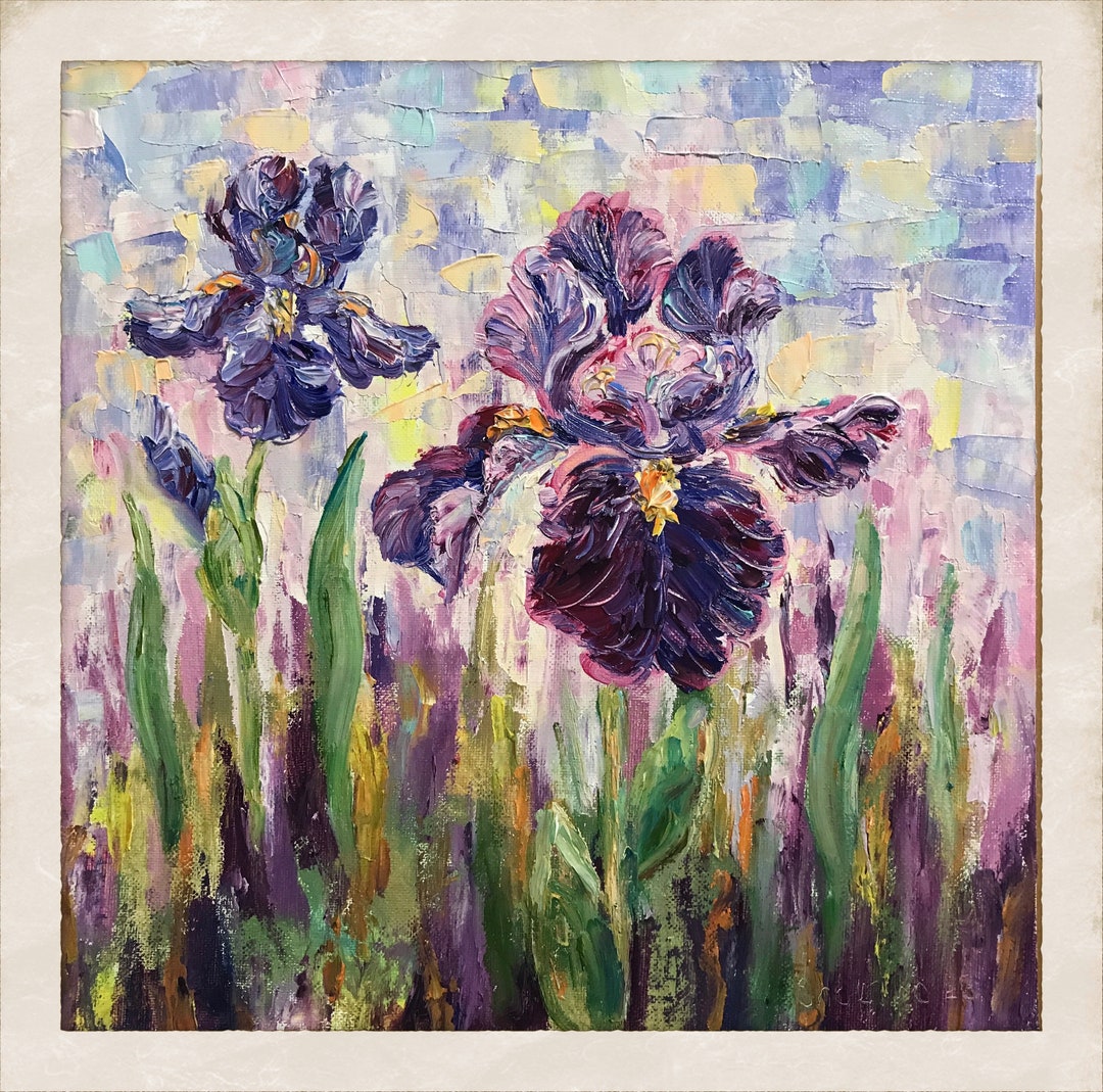 Original Oil Painting Blue Purple Iris Flower Painting Garden Iris Wall ...
