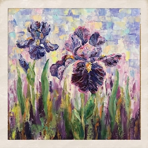 Original Oil Painting Blue Purple Iris Flower Painting Garden Iris Wall art 12x12 Floral Wall Art floral Wall Decor