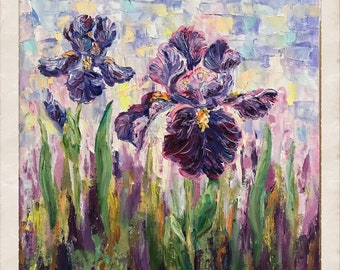 Original Oil Painting Blue Purple Iris Flower Painting Garden Iris Wall art 12x12 Floral Wall Art floral Wall Decor
