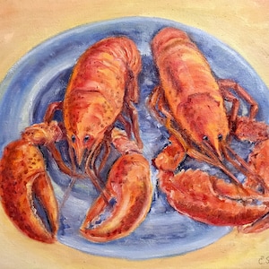 Maine Lobster Original Art Still Life Oil Painting Coastal Wall Art, food painting seafood art Kitchen Wall Decor 11x14 Fishing Wall Art