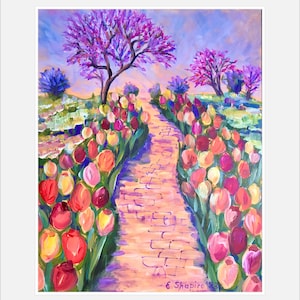 Pintura acrílica original de jardín de tulipanes Arte floral para pared Pintura de flores Arte de jardín de primavera 11x14 Decoración floral para pared