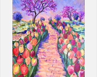 May include: A painting of a brick pathway lined with pink, red, and yellow tulips. Two purple trees with pink blossoms stand on either side of the path. The painting is signed "E. Shapiro".