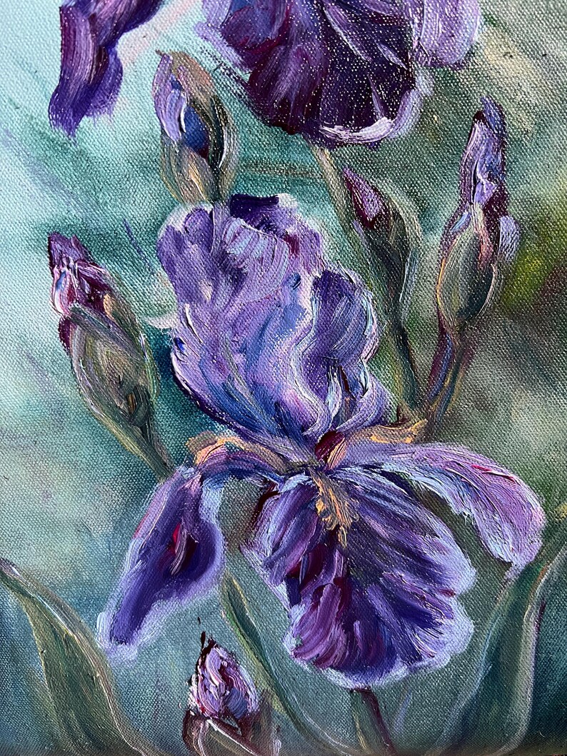 Original Oil Painting Blue Purple Iris Flower Painting Garden Iris Wall ...