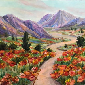 Cuadro Campo de amapolas. Pintura de paisaje de montaña de arte acrílico original, Arte de pared de flores rojas de 11 x 14, Decoración de pared floral, Obra de arte de amapola de California