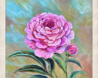 May include: A painting of a pink peony flower with a bud, green leaves, and a light blue and brown background. The painting is signed "E. Shapiro '24".