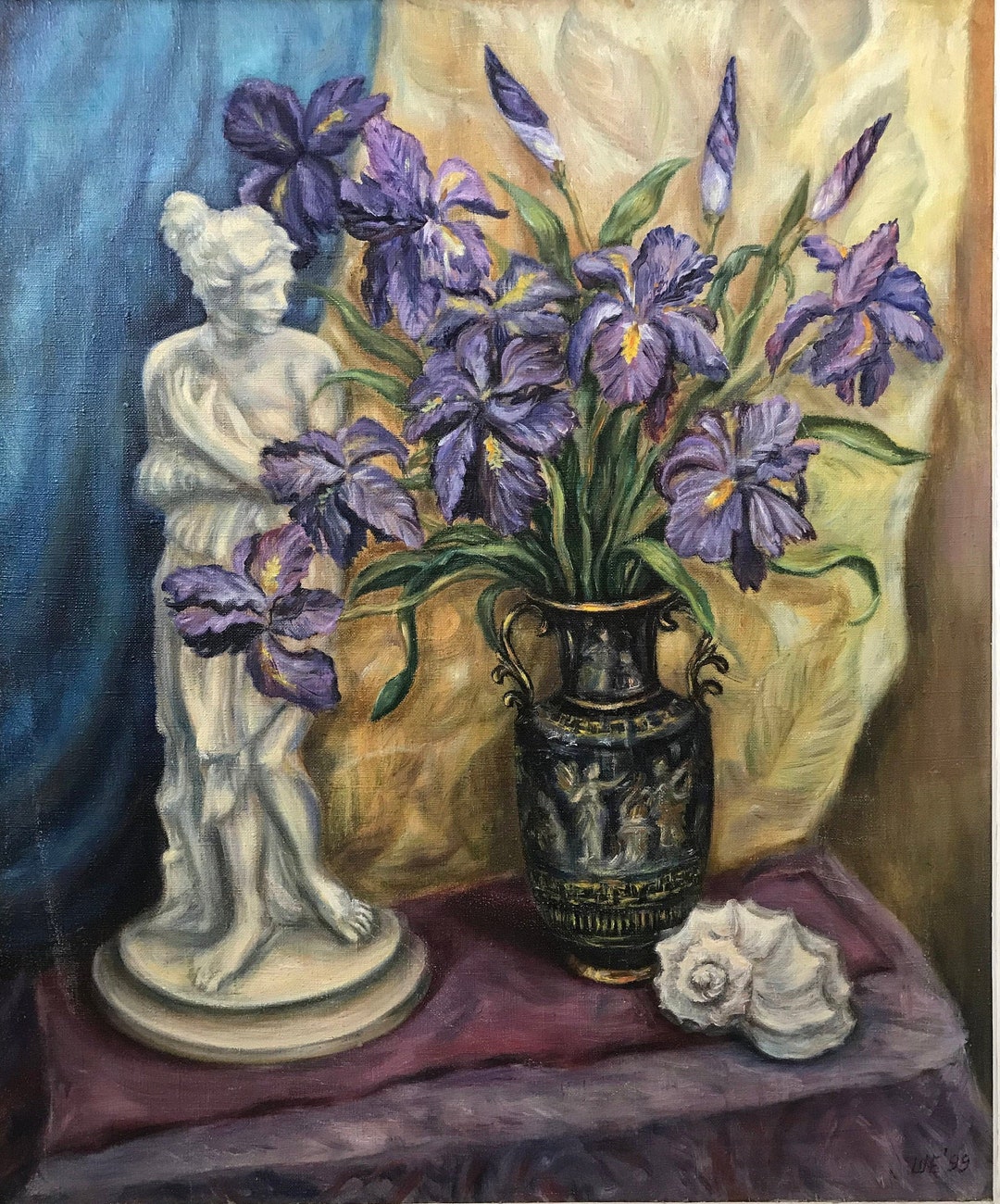 Blue Iris Flower Oil Painting Original Artwork, Still Life Floral Wall ...