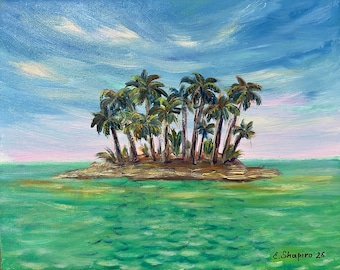 Tropical Island Beach oil painting Original Ocean Landscape Painting 8x10 Coastal wall art Palm seaside painting Coastal wall decor