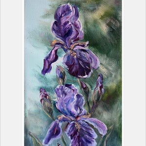 Original Oil Painting Blue Purple Iris Flower Painting Garden Iris Wall art 7”x14” Floral Wall Art floral Wall Decor
