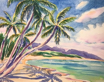 Tropical Beach painting Original Watercolor Ocean Landscape Painting 9x12 Coastal wall art Palm seaside painting Coastal wall decor