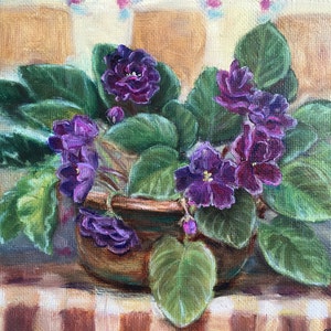 Violet Flower Oil Painting, Original. Violet Art, Still Life Painting, Flower wall art 9x12 Floral Wall Decor