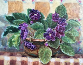 Violet Flower Oil Painting, Original. Violet Art, Still Life Painting, Flower wall art 9x12 Floral Wall Decor