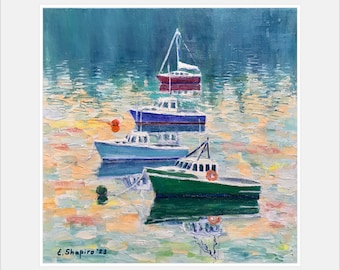 Fischerboote im Hafen. Original Ölgemälde. Seaside Landschaft Nautische Wand Kunst 12x30 Boot Gemälde Küstenwanddekor Segelboot Kunst