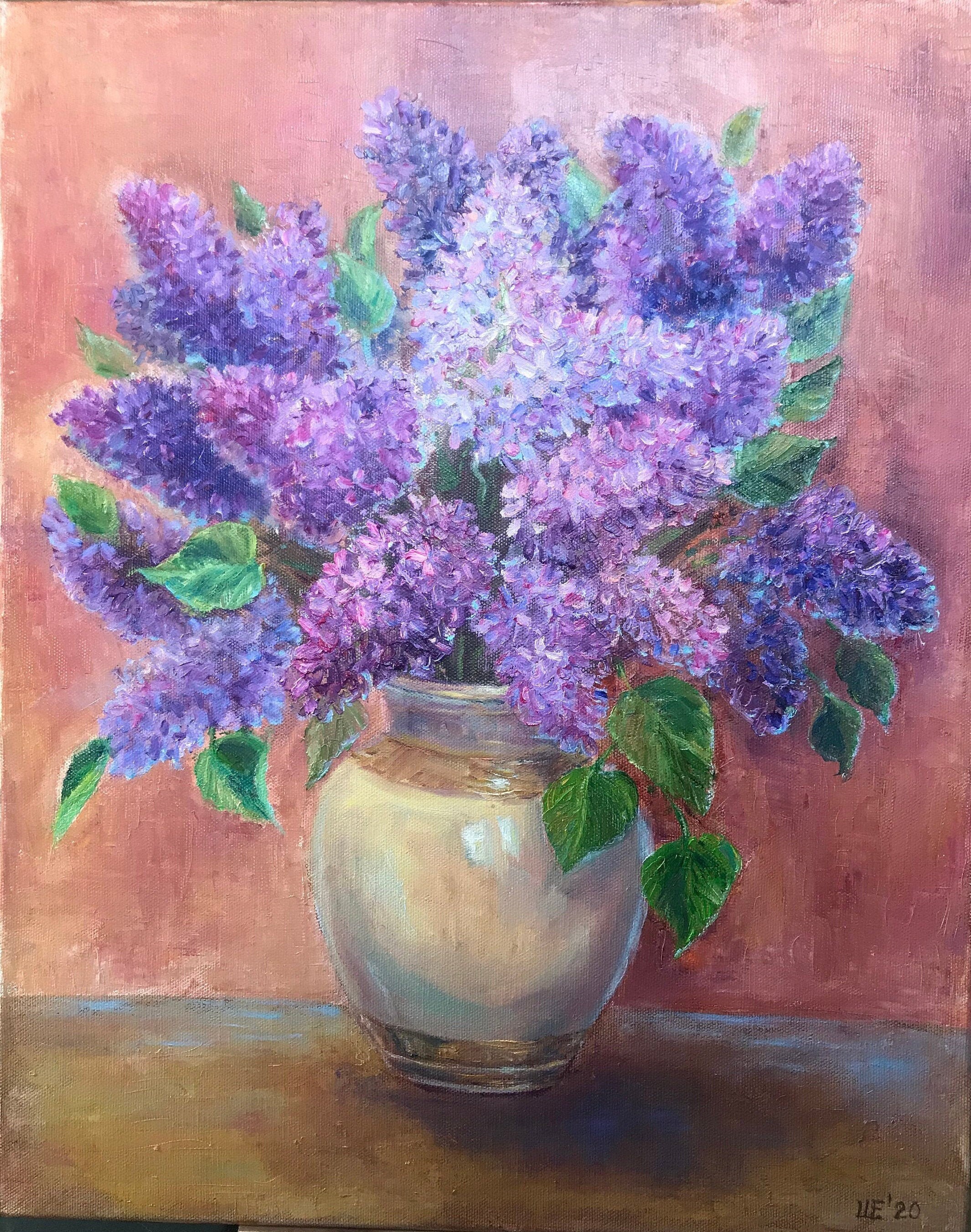 Lilac Flower Oil painting Original Floral Wall Art Canvas Painting 16x20 Purple Flower Bouquet Still Life Art by Elena Shapiro