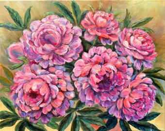Pink Peony Bouquet Oil Painting: Original Floral Canvas Art (16x20)