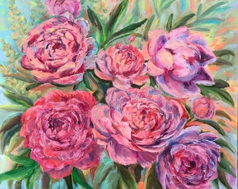 Original painting Peony Flowers. Oil on Canvas. 20"x20"
